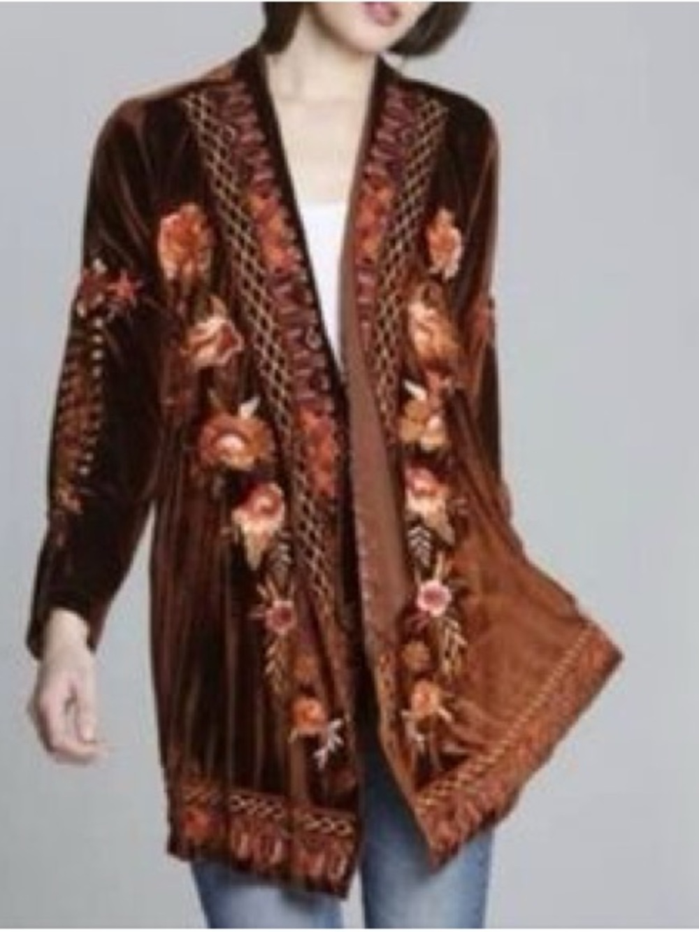 Driftwood Abby Bohemian Floral Embroidered Velvet Duster Cardigan Jacket